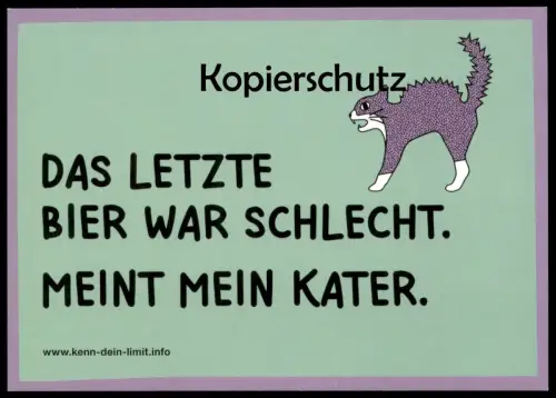 POSTKARTE DAS LETZTE BIER WAR SCHLECHT KATER KATZE CAT ALKOHOL DRUNKEN beer alcohol bière alcool Ansichtskarte postcard