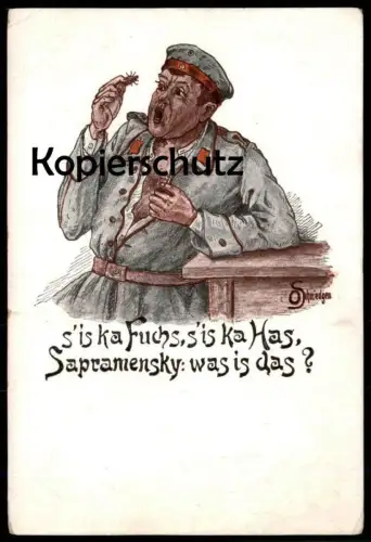 ALTE POSTKARTE SOLDAT WANZE HUMOR S'IS KA FUCHS, S'IS KA HAS SAPRAMENSKY WAS IS DAS O. SCHMIEDGEN bug punaise postcard