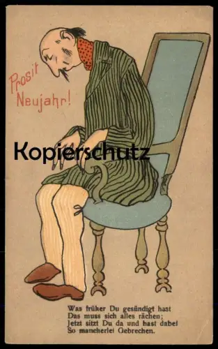ALTE POSTKARTE PROSIT NEUJAHR SÜNDE ALTER GEBRECHEN KRANKHEITEN age illness maladie disease Humor humour postcard cpa AK