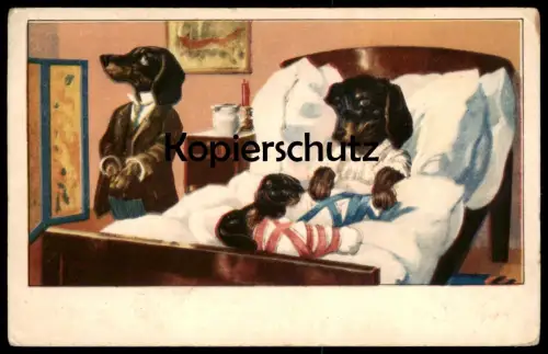 ALTE POSTKARTE DACKEL FAMILIE VERMENSCHLICHT KRANK MUTTER BETT Illness teckel basset dachshund Fuchs fox renard cpa