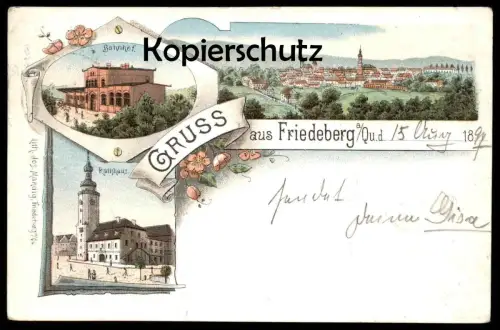 ALTE LITHO POSTKARTE GRUSS AUS FRIEDEBERG QUEIS BAHNHOF RATHHAUS 1897 station gare Mirsk Ansichtskarte cpa postcard AK