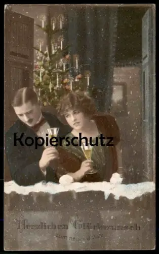 ALTE POSTKARTE PAAR EHEPAAR SEKT GESCHMÜCKTER WEIHNACHTSBAUM GLÜCKWUNSCH ZUM NEUEN JAHR 1917 couple Ansichtskarte cpa AK