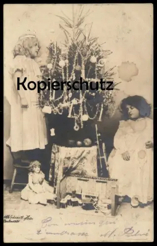 ALTE POSTKARTE HEILIGABEND WEIHNACHTEN GESCHENKE PUPPE PUPPENSTUBE SCHMITT BERLIN doll poupée christmas Weihnachtsbaum