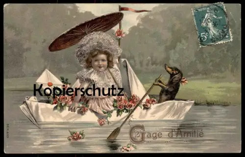 ALTE PRÄGE POSTKARTE DACKEL VERMENSCHLICHT RUDERER GAGE D'AMITIÉ teckel basset dachshund postcard cpa Ansichtskarte AK