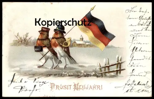 ALTE POSTKARTE PROSIT NEUJAHR ROTKEHLCHEN VERMENSCHLICHT POSTILLON Flagge robin le rouge-gorge Ansichtskarten postcard