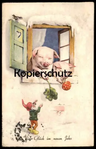 ALTE POSTKARTE ZWERG & SCHWEIN VIEL GLÜCK IM NEUEN JAHR dwarf midget nain pig cochon Fliegenpilz Ansichtskarte postcard