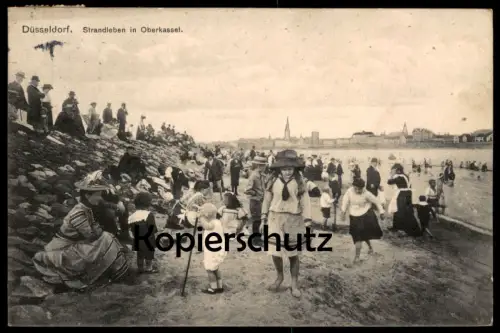 ALTE POSTKARTE DÜSSELDORF STRANDLEBEN IN OBERKASSEL Sonntagstracht Strand beach hat plage Ansichtskarte postcard AK