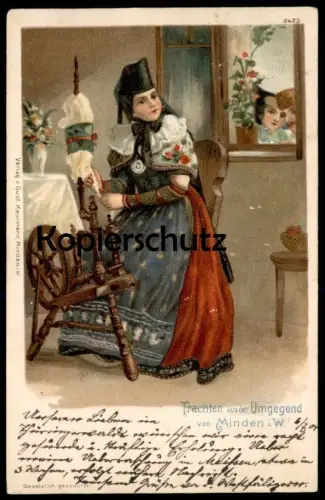 ALTE LITHO POSTKARTE TRACHTEN AUS DER UMGEGEND VON MINDEN SPINNERIN SPINNER Tracht Spinnrad cpa postcard Ansichtskarte