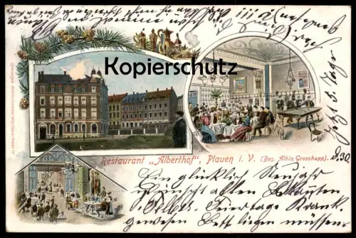 ALTE LITHO POSTKARTE RESTAURANT ALBERTHOF PLAUEN IM VOGTLAND BESITZER ALBIN GROSCHUPP Billard billiard Ansichtskarte AK