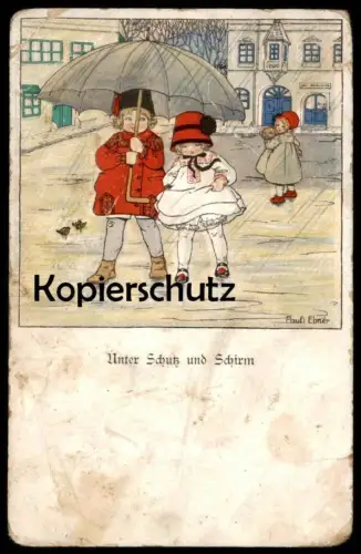 ALTE KÜNSTLER POSTKARTE PAULI EBNER UNTER SCHUTZ UND SCHIRM REGENSCHIRM parpluie umbrella Kind Kinder Ansichtskarte AK