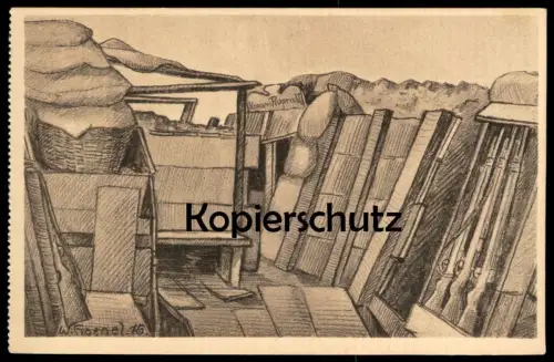 ALTE KÜNSTLER POSTKARTE WWI UNTERSTAND RUPRECHT GEWEHRE SIGN. WERNER HAENEL 1915 Schützengraben Ansichtskarte postcard