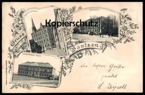 ALTE POSTKARTE GRUSS AUS BAUTZEN 1901 KNABENBÜRGERSCHULE GYMNASIUM LANDWIRTSCHAFTLICHE SCHULE Sachsen Ansichtskarte AK