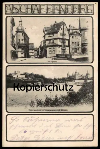 ALTE POSTKARTE ASCHAFFENBURG LÖWEN-APOTHEKE STIFTSPLATZ PARTIE AM MAIN MIT POMPEIANUM U. KGL. SCHLOSS Ansichtskarte AK