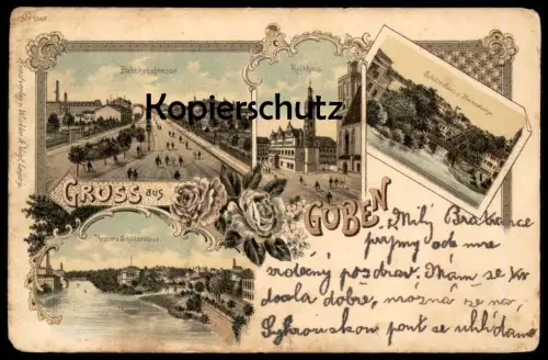 ALTE LITHO POSTKARTE GRUSS AUS GUBEN BAHNHOFSTRASSE THEATER & SCHÜTZENHAUS NEISSEBERGE Ansichtskarte AK postcard