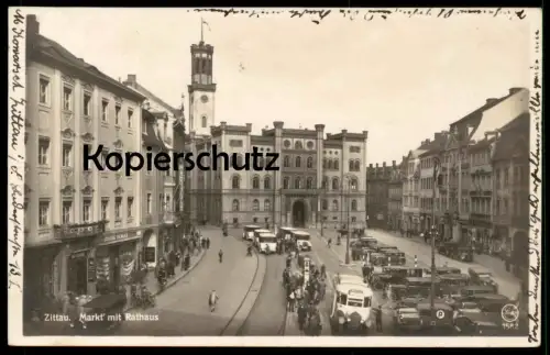 ALTE POSTKARTE ZITTAU MARKT MIT RATHAUS Taxi Bus Gustav Renger Ewald Zimmermann Oberlausitz Sachsen Ansichtskarte AK