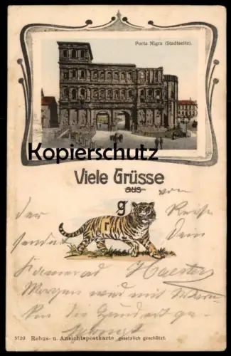 ALTE POSTKARTE VIELE GRÜSSE AUS TIGER RÄTSEL TRIER HUMOR REBUS Porta Nigra Ansichtskarte postcard cpa AK