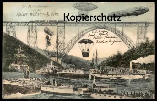 ALTE POSTKARTE REMSCHEID DER ZUKUNFTSHAFEN AN DER KAISER-WILHELM BRÜCKE Zeppelin airship Ballon Zukunftskarte postcard