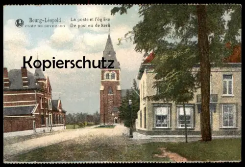 ALTE POSTKARTE BOURG-LÉOPOLD CAMP DE BEVERLOO DE POST EN DE KERK LA POSTE Belgique Belgie Belgien Ansichtskarte cpa