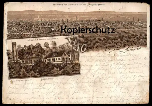 ALTE LITHO POSTKARTE GRUSS VON DER LUDWIGSHÖHE BEI DARMSTADT 1894 Vorläufer Pension Panorama Ansichtskarte cpa postcard