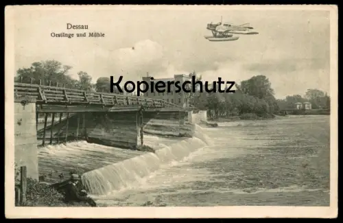 ALTE POSTKARTE DESSAU GESTÄNGE UND MÜHLE MIT FLUGZEUG Wasserflugzeug airplane plane waterplane aeroboat hydravion cpa AK