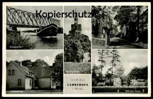 ALTE POSTKARTE LADBERGEN KANALPARTIE KANAL SCHIFF GRETE VOLKSSCHULE SCHULE 1000 JAHR STEIN DORFSTRASSE Ansichtskarte AK