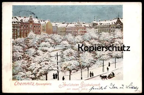 ALTE POSTKARTE CHEMNITZ NEUJAHR HERZLICHSTEN GLÜCKWUNSCH ZUM NEUEN JAHRE ROSENPLATZ Schlitte luge sleigh Ansichtskarte