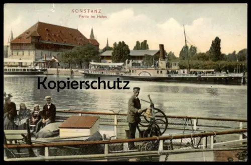 ALTE POSTKARTE KONSTANZ PARTIE IM HAFEN SCHIFFSGLOCKE KAPITÄN STEUER DAMPFER STADT ÜBERLINGEN Schiff ship Ansichtskarte