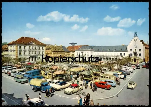 ÄLTERE POSTKARTE LANDAU PFALZ RATHAUSPLATZ MARKT AUTOS VW Auto Lkw truck pickup camion Ansichtskarte postcard cpa AK