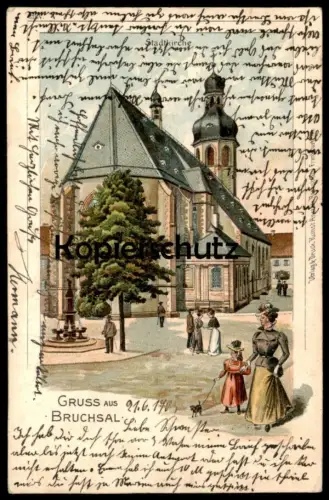 ALTE LITHO POSTKARTE GRUSS AUS BRUCHSAL STADTKIRCHE 1903 church église Frau Hut Hund Kind Ansichtskarte AK postcard cpa