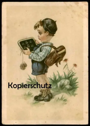 ALTE POSTKARTE SCHÜLER JUNGE SCHIEFERTAFEL TAFEL Einschulung Schultasche Ranzen Tornister Tasche boy enfant Schuljunge