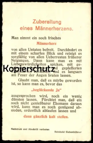 ALTE POSTKARTE ZUBEREITUNG EINES MÄNNERHERZENS REZEPT REINHOLD SIEBENHÜHNER heart recipe recette coer Ansichtskarte