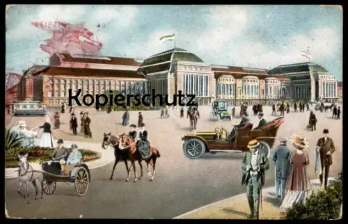 ALTE POSTKARTE LEIPZIG HAUPTBAHNHOF Fotomontage Auto Kutsche montage photo Bahnhof gare station Ansichtskarte postcard