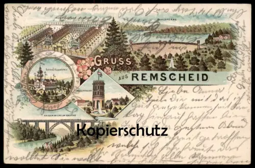 ALTE LITHO POSTKARTE GRUSS AUS REMSCHEID AUSSTELLUNGS-GEBÄUDE WASSERTHURM KÜPPELSTEIN THALSPERRE Ansichtskarte postcard