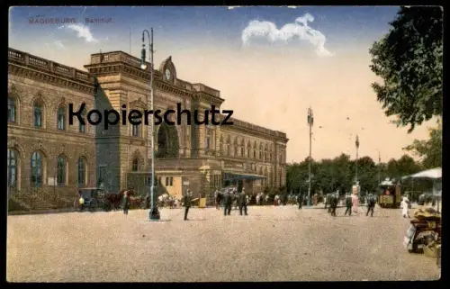 ALTE POSTKARTE MAGDEBURG BAHNHOF 1918 mit Verkaufsstand Strassenbahn station gare Ansichtskarte postcard cpa AK