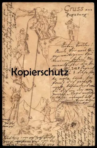 ALTE POSTKARTE KRITIK TOURISMUS IN DEN ALPEN GRUSS AUS AUGSBURG 1900 Humor humour Berge Ansichtskarte postcard cpa AK