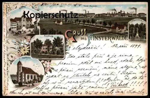ALTE LITHO POSTKARTE GRUSS AUS FINSTERWALDE 1899 FORSTHANG SCHLOSS TOTAL-ANSICHT STADTKIRCHE Ansichtskarte postcard cpa