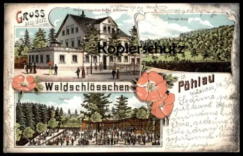 ALTE LITHO POSTKARTE GRUSS AUS DEM WALDSCHLÖSSCHEN IN PÖHLAU BEI ZWICKAU E. Schettler Freitags Berg Ansichtskarte AK cpa