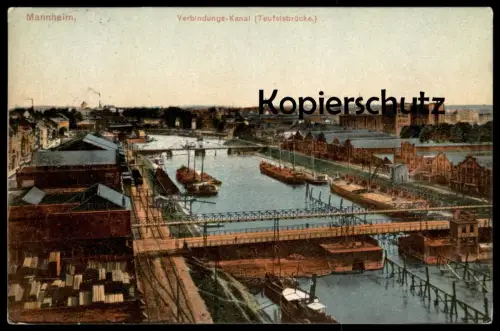 ALTE POSTKARTE MANNHEIM TEUFELSBRÜCKE VERBINDUNGS-KANAL VERBINDUNGSKANAL Lagerplatz Holz canal Ansichtskarte postcard AK