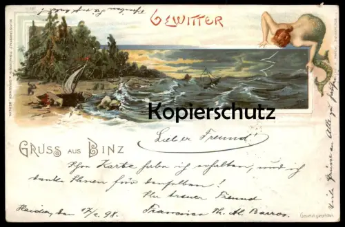 ALTE LITHO POSTKARTE GRUSS AUS BINZ 1898 RÜGEN NIXE MEERJUNGFRAU GEWITTER Oceaniden thunderstorm storm mermaid orage