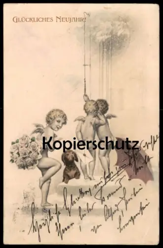 ALTE POSTKARTE ENGEL PUTTEN LIEBESBRIEF DACKEL NEUJAHR Schirm umbrella parapluie nude angel teckel basset dachshund dog