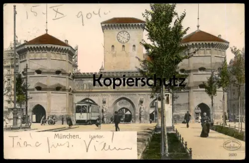 ALTE POSTKARTE MÜNCHEN ISARTOR STRASSENBAHN tram tramway Stempel Bahnpost Bayern Ansichtskarte postcard cpa AK