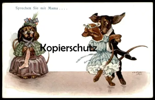 ALTE POSTKARTE DACKEL VERMENSCHLICHT SPRECHEN SIE MIT MAMA Hund Dachshund Teckel dog marriage chien postcard cpa AK