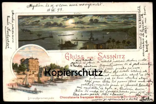 ALTE LITHO POSTKARTE GRUSS AUS SASSNITZ INSEL RÜGEN Strandpromenade Hafen Chocolaterie francaise Wien Ansichtskarte AK