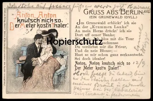 ALTE POSTKARTE GRUSS AUS BERLIN GRUNEWALD ANTON KNUTSCH Kuss kiss kissing baiser Thaler Ansichtskarte AK cpa postcard