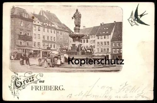 ALTE JUGENDSTIL POSTKARTE GRUSS AUS FREIBERG Brunnen Uhlig's Restaurant Denkmal Sachsen cpa postcard Ansichtskarte AK