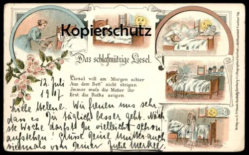 ALTE LITHO POSTKARTE SCHLAFMÜTZIGE LIESEL WIRD VON FEUERWEHR GEWECKT MOND SONNE VERMENSCHLICHT pompiers fire brigade