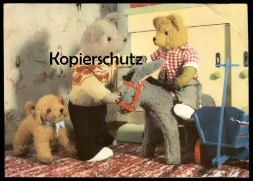 ÄLTERE GLÜCKWUNSCH POSTKARTE TEDDY BÄR VERMENSCHLICHT ESEL HUND DDR Stofftier bear ours dog chien donkey ane AK postcard