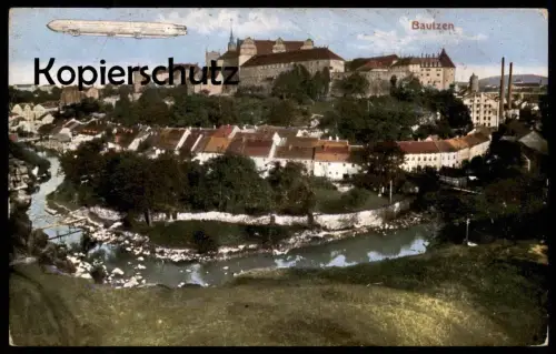 ALTE POSTKARTE BAUTZEN IN SACHSEN TOTALANSICHT MIT ZEPPELIN airship dirigible Ansichtskarte postcard cpa AK