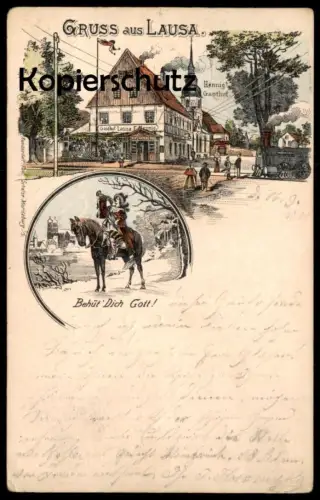 ALTE LITHO POSTKARTE GRUSS AUS LAUSA HENNIG'S GASTHOF DAMPFLOK BEHÜT DICH GOTT TROMPETER WEIXDORF DRESDEN Ansichtskarte