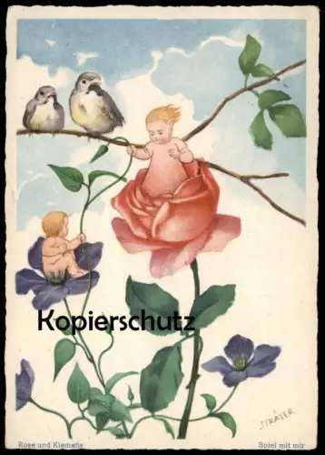 ALTE KÜNSTLER POSTKARTE KINDER VERMENSCHLICHT ROSE UND KLEMATIS SPIEL MIT MIR PROFESSOR STRÄTER Ansichtskarte AK cpa